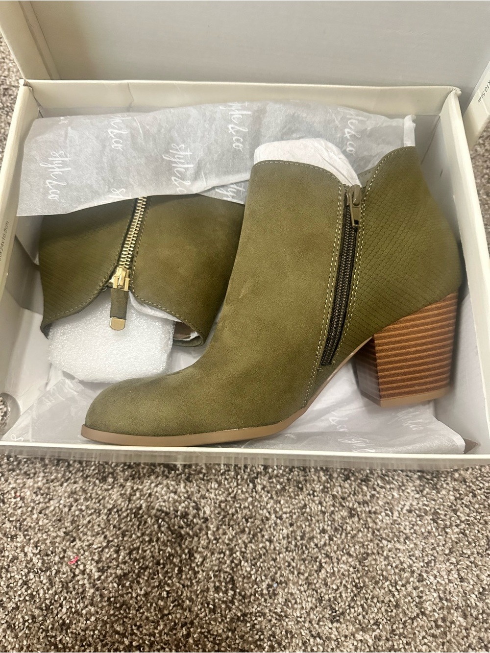 Style & Co. Olive Green Suede Ankle Booties with Stacked Heel